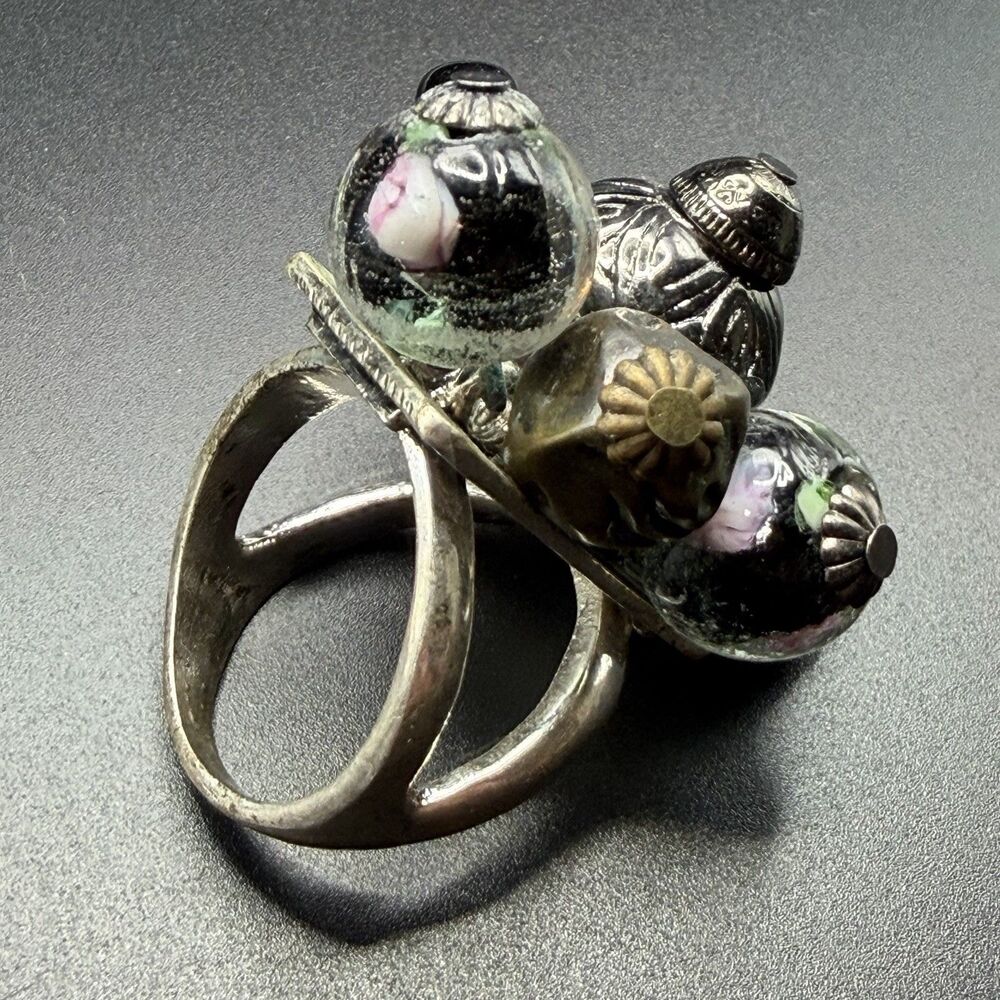 Vintage Murano Glass Wedding Cake Bead Cluster Ring Silver Tone Statement Size 9